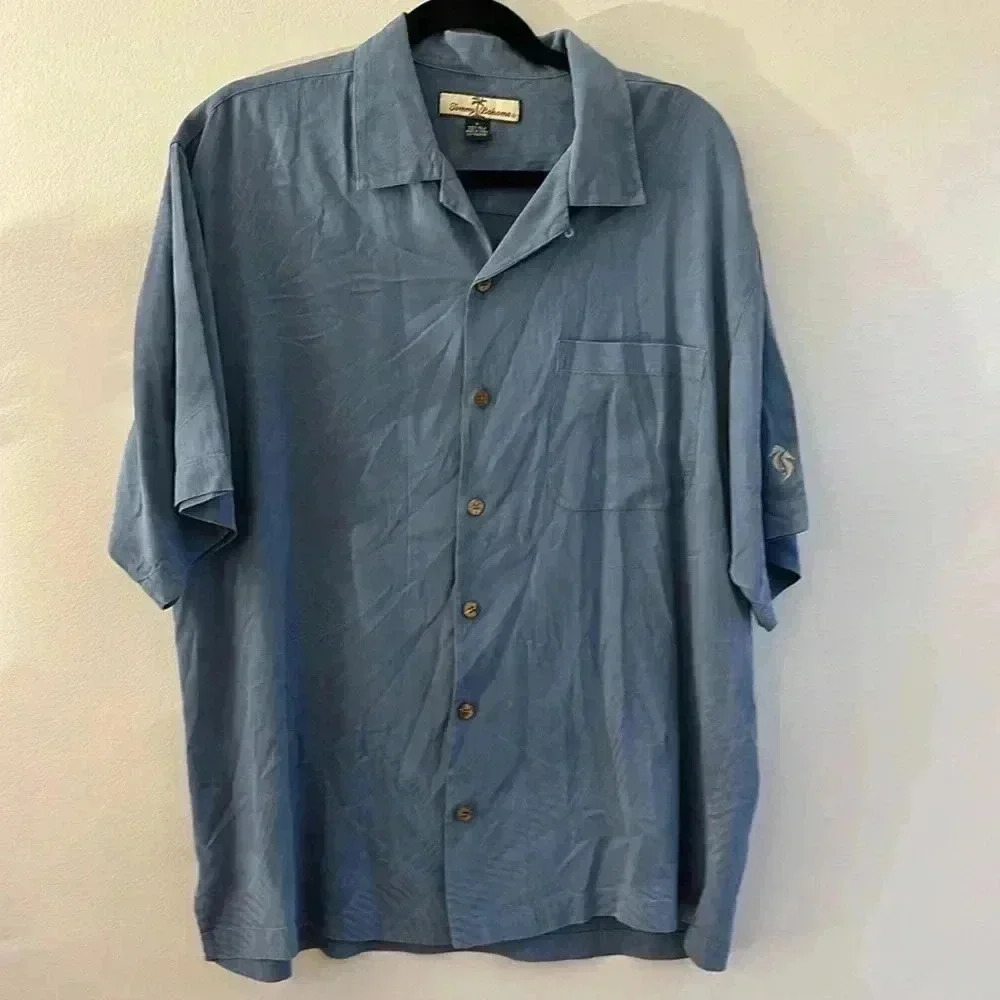Men’s Tommy Bahama Blue Silk Tropical Button Down Short Sleeve Shirt Size M